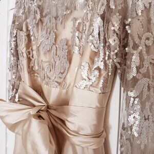 Adrianna Papell Sequin Lace & Satin Midi Gown | Champagne Gold | Size 12